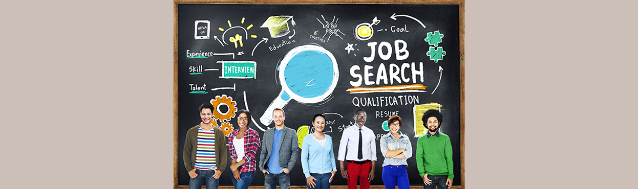 Several people in front of chalk board that says Job Search.